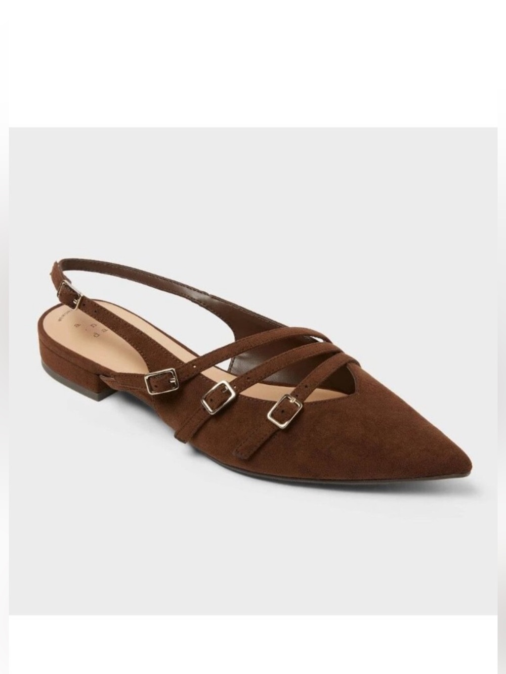 Size 9 Brown Suede Pointed Slingback Flats with Strappy Buckles - a new day